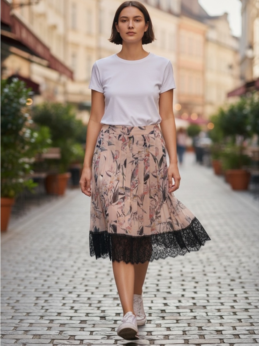 Floral Pleated Midi Skirt with Black Lace Trim
